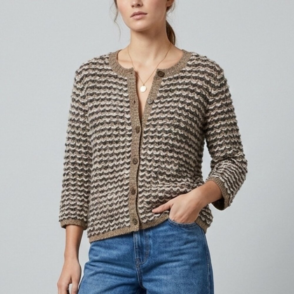 Textured Crochet Knit Button-Front Sweater Cardigan - Brown/Cream